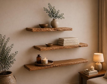 Floating wall shelf No. 09 made of oak wood with mounting hardware, high load capacity, bookshelf, wall board, oak, live edge, rustic, solid wood