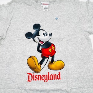May include: A heather gray short-sleeve t-shirt featuring a graphic of Mickey Mouse wearing red shorts and yellow shoes. Below the character is the red text "Disneyland". The inner neck label displays the "Disneyland" logo and a barcode.