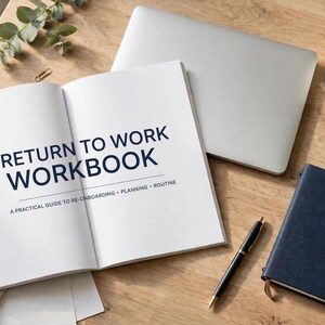 May include: An open workbook titled RETURN TO WORK WORKBOOK A PRACTICAL GUIDE TO RE-ONBOARDING PLANNING ROUTINE, a closed dark blue notebook with a brown elastic band, a silver laptop, a black pen, and a white mug filled with coffee.