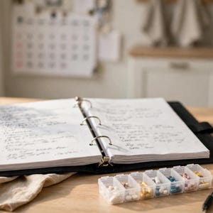 Op de afbeelding: Een zwarte ringband met wit gelinieerd papier met handgeschreven notities, naast een doorzichtige plastic pillendoos met zeven vakjes gevuld met diverse capsules en tabletten, en een zwarte pen.