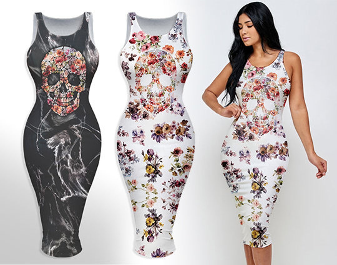 Halloween Floral Skull Graphic Midi Dress - Etsy