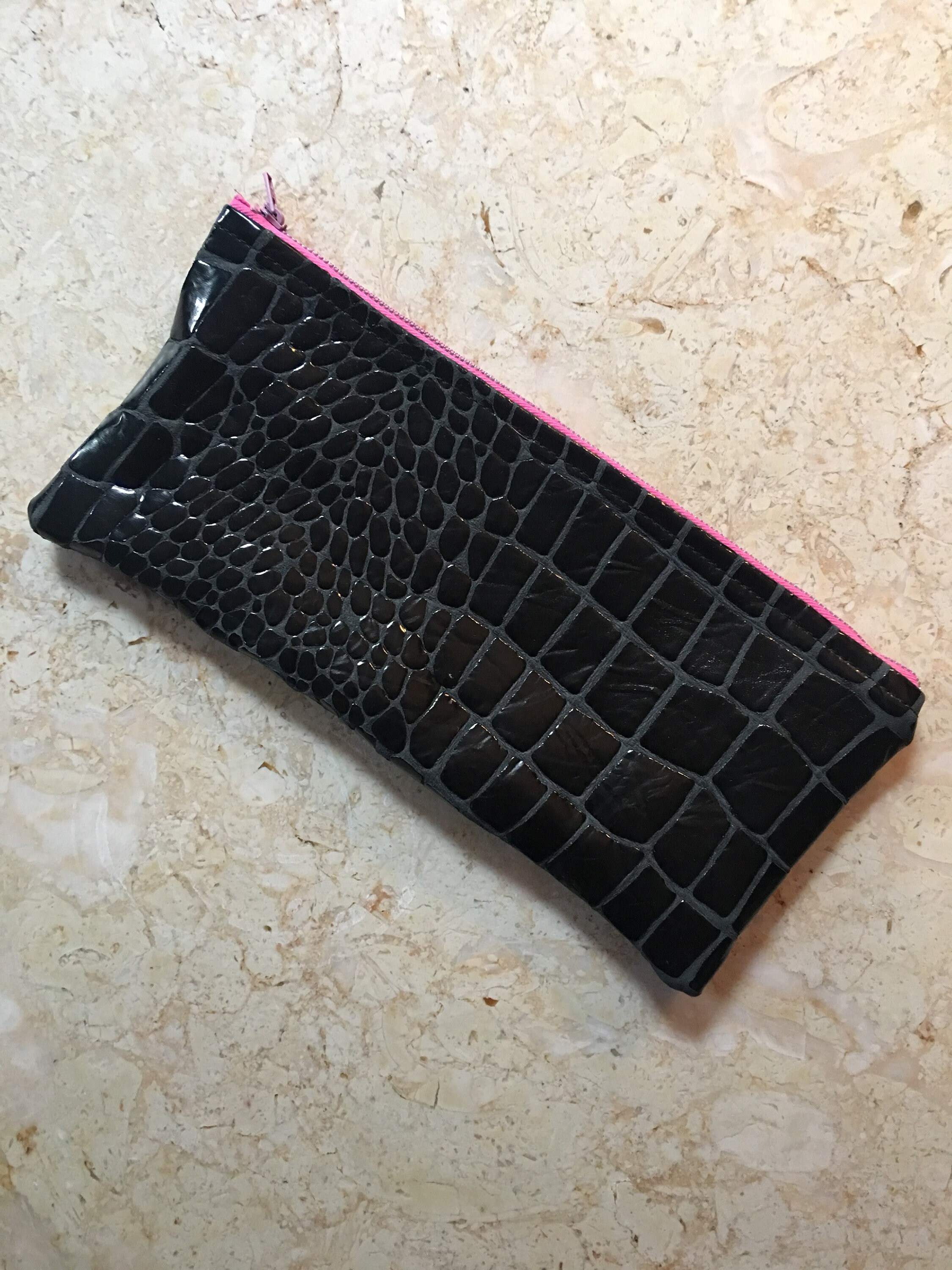 Black Embossed Leather Pouch With Zipper - Etsy
