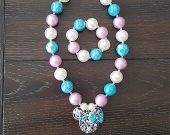 Rhinestone Minnie Mouse Inspired blue and a light purple Chunky Bubblegum Bead Necklace & Bracelet / Spring / Disney
