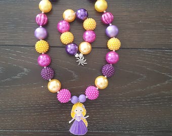 Tangled Princess Rapunzel Inspired Children's Chunky Bubblegum Bead Necklace and Bracelet / Disney