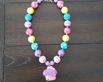 Happy Birthday Cupcake Inspired Children's Bubblegum Chunky Bead Necklace