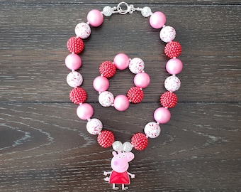 Nick Jr's Peppa Pig Inspired Children's Chunky Bubblegum Necklace & Bracelet