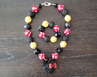 Minnie Mouse inspired Chunky Bubblegum Bead Necklace & Bracelet / Mickey Mouse / Disney