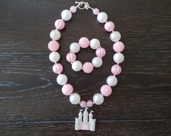 Rhinestone Castle Pendant pink, white and silver Children's Chunky Bubblegum Necklace & Bracelet / Disney