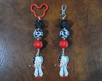 Villain inspired Cruella De Ville Chunky Bubblegum Bead Key Chain / Back pack Charm / Purse Charm / Dalmatians / Disney