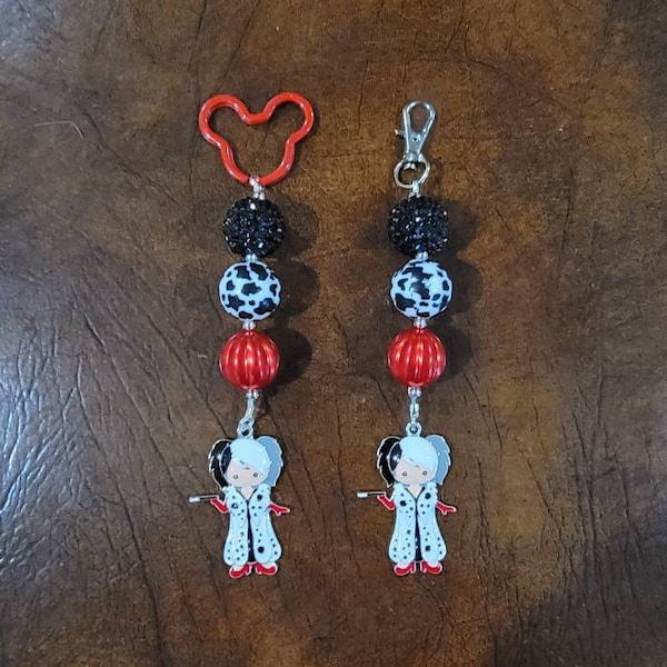 Villain inspired Cruella De Ville Chunky Bubblegum Bead Key Chain / Back pack Charm / Purse Charm / Dalmatians / Disney