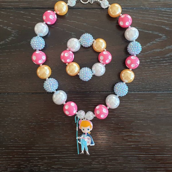 Inspired by Toy Story's Bo Peep Chunky Bubblegum Bead Necklace & Bracelet set / Disney / Woody / Buzz Lightyear