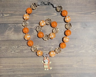 Orange Dog Bluey's sister Bingo Inspired Children's Chunky Bubblegum Necklace & Bracelet / Disney