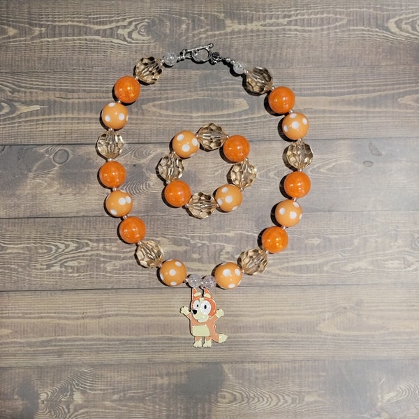 Orange Dog Bluey's sister Bingo Inspired Children's Chunky Bubblegum Necklace & Bracelet / Disney