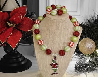 How the Grinch Stole Christmas Inspired Children's Chunky Bubblegum Bead Necklace & Bracelet Set/ Holidays