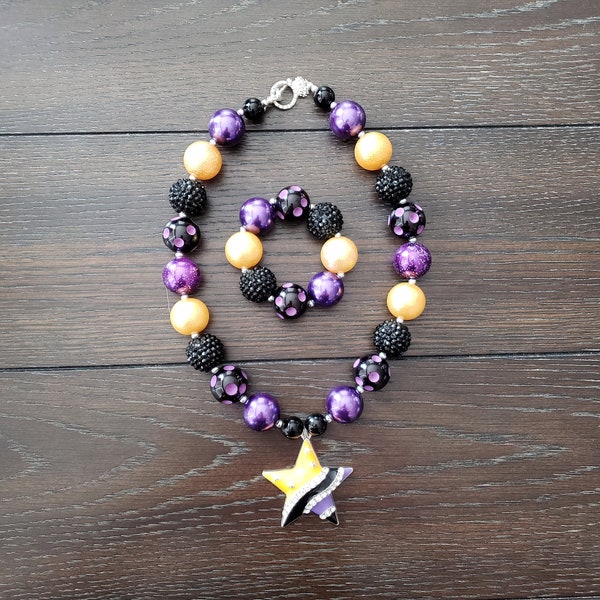 Star yellow, purple, black Halloween Chunky Bubblegum Bead Children's Necklace & Bracelet Set / Disney