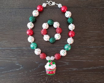 Christmas Inspired Cupcake Children's Chunky Bubblegum Bead Necklace & Bracelet Set/ Holidays