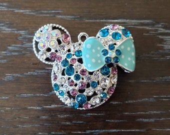 Rhinestone Minnie Mouse blue and a light purple inspired Pendant Chunky Bubblegum Bead Necklace / Key Chain /Purse bling / Spring