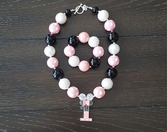 Minnie Mouse inspired First Birthday #1 Chunky Bubblegum Bead Necklace & Bracelet / Disney