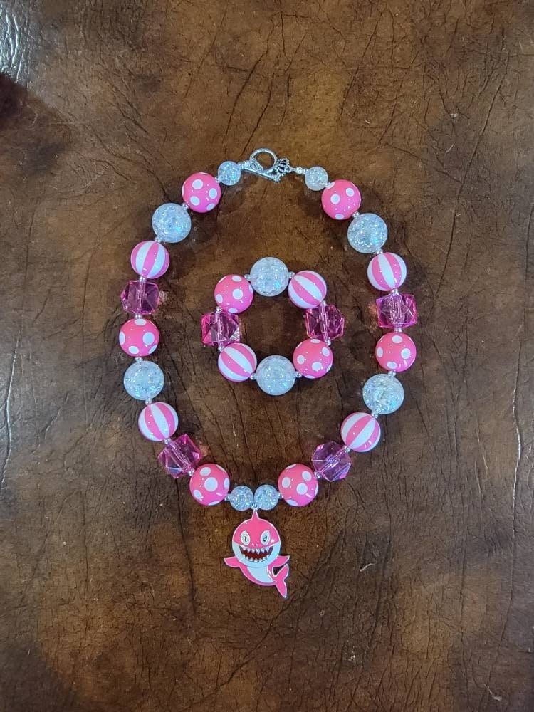 Bright Pink small Shark Children's Chunky Bubblegum Necklace & Bracelet / Disney / Toddler / Baby Shark