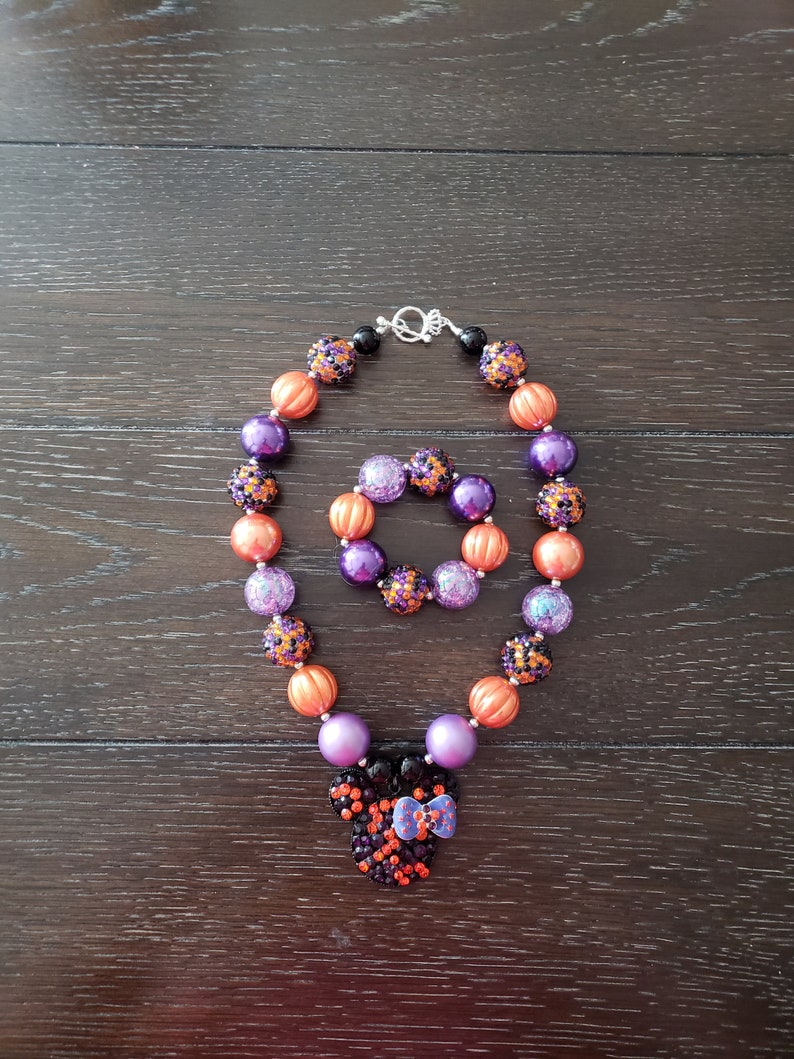 Halloween Fall Minnie Mouse inspired orange ad purple Chunky Bubblegum Bead Necklace /& Bracelet Disney