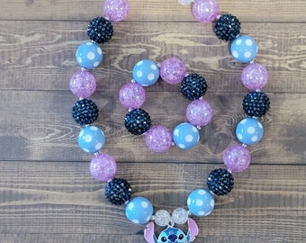 Alien Stitch inspired Bubblegum Chunky Bead Necklace and Bracelet Set / Disney / Lilo and Stitch