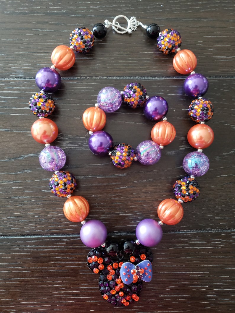 Halloween Fall Minnie Mouse inspired orange ad purple Chunky Bubblegum Bead Necklace /& Bracelet Disney