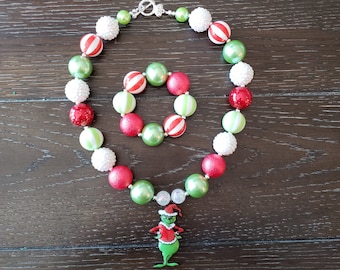 How the Grinch Stole Christmas Inspired Children's Chunky Bubblegum Bead Necklace & Bracelet Set/ Holidays