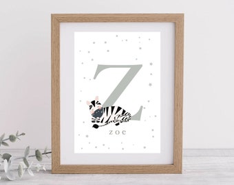Personalised Zebra Letter illustration. Digital Download printable art for nursery/kids room