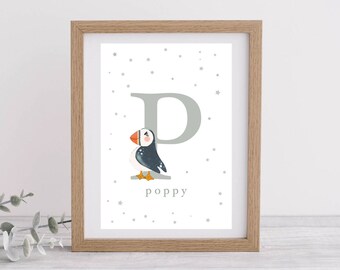 Personalised Puffin Letter illustration. Digital Download printable art for nursery/kids room