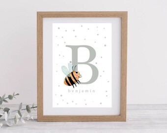 Personalised Bee Letter illustration. Digital Download printable art for nursery/kids room