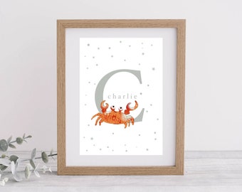 Personalised Crab Letter Illustration. Digital download printable art for nursery/kids room.