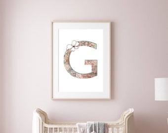 Personalised G Letter cosmos flower illustration. Digital Download printable art for nursery/kids room