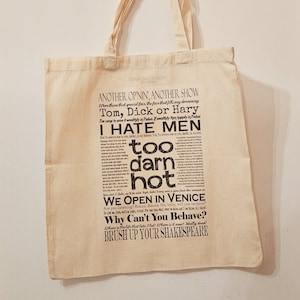 Bolsa de lona natural con citas y letras de Kiss Me, Kate
