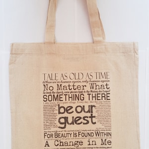 Bolsa de lona natural con citas y letras de La Bella y la Bestia