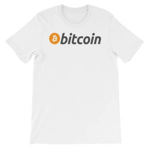 May include: White t-shirt with a black and orange bitcoin logo and the word "bitcoin" printed on the front.