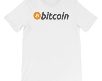 May include: White t-shirt with a black and orange bitcoin logo and the word "bitcoin" printed on the front.