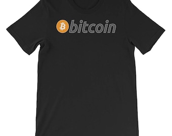 May include: Black short-sleeved t-shirt with a white bitcoin logo and the word "bitcoin" in white text.