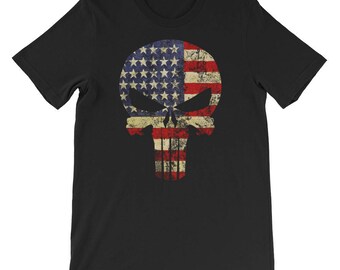 Patriotic American Flag Skull T-Shirt, Military Inspired USA Pride Tee, Veteran Gift Idea for Him, Freedom Fighter Apparel