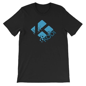 May include: Black t-shirt with a blue pixelated logo that says "KODI" on it.