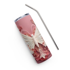 3D butterflies with a dreamy white and PINK Stainless steel tumbler