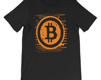 May include: Black t-shirt with an orange Bitcoin logo in a distressed style.