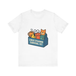 May include: A white t-shirt featuring a graphic of a blue toolbox labeled LINUX SYSADMIN SURVIVAL KIT. The box contains a steaming mug, a yellow rubber duck, round glasses, an orange book with code brackets, and an orange cat peeking out.