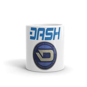 May include: White ceramic mug with a blue "DASH" logo and a blue and silver circle with a stylized "D" and binary code around the edge.