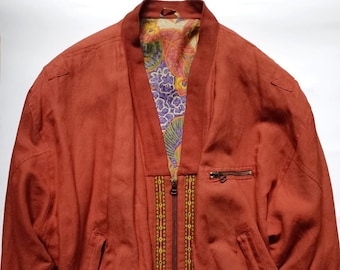 Italian Men's Bomber Jacket by Tiffany's Orange Linen Colorful Viscose Lining Size 42/XL Vintage 80s/90s