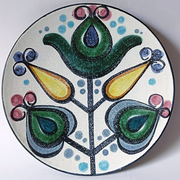 Ceramic Wall Plate Hand-Painted Folk Style 24 cm Floral Decor German Studio Pottery Vintage