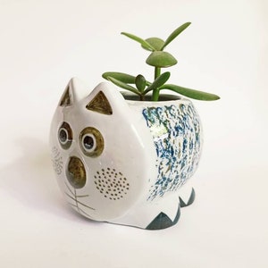 Könnte beinhalten: Weißer Keramik-Pflanztopf in Katzenform mit blauen und goldenen Akzenten. Der Topf enthält eine kleine grüne Sukkulente.