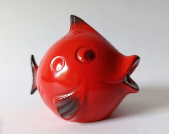 Ceramic Red Fish Figurine Money Bank by Goebel West German Pottery Vintage 70s