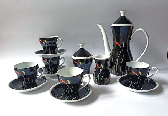 Kahla Schwarzes Porzellan Kaffee-Set, Abstrakt Floral, Vintage