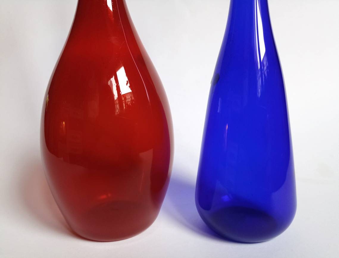 Two Glass Vases by Jostra Red and Blue Bottles Art Glass Two Glass Vases by Jostra Red and Blue Bottles Art Glass