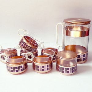 Tea Set for 6,Glass Cups in Metal Baskets,Jug and Sugar Bowl Germany Vintage 70's